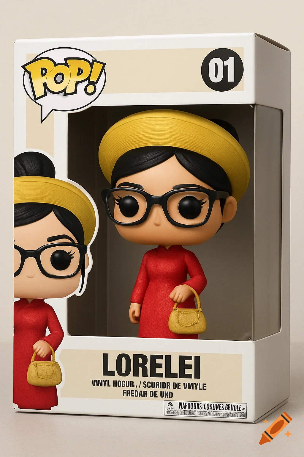 A Lorelei Funko Pop figure in its box, wearing a red ao dai, yellow hat, holding a gold handbag, and black glasses.