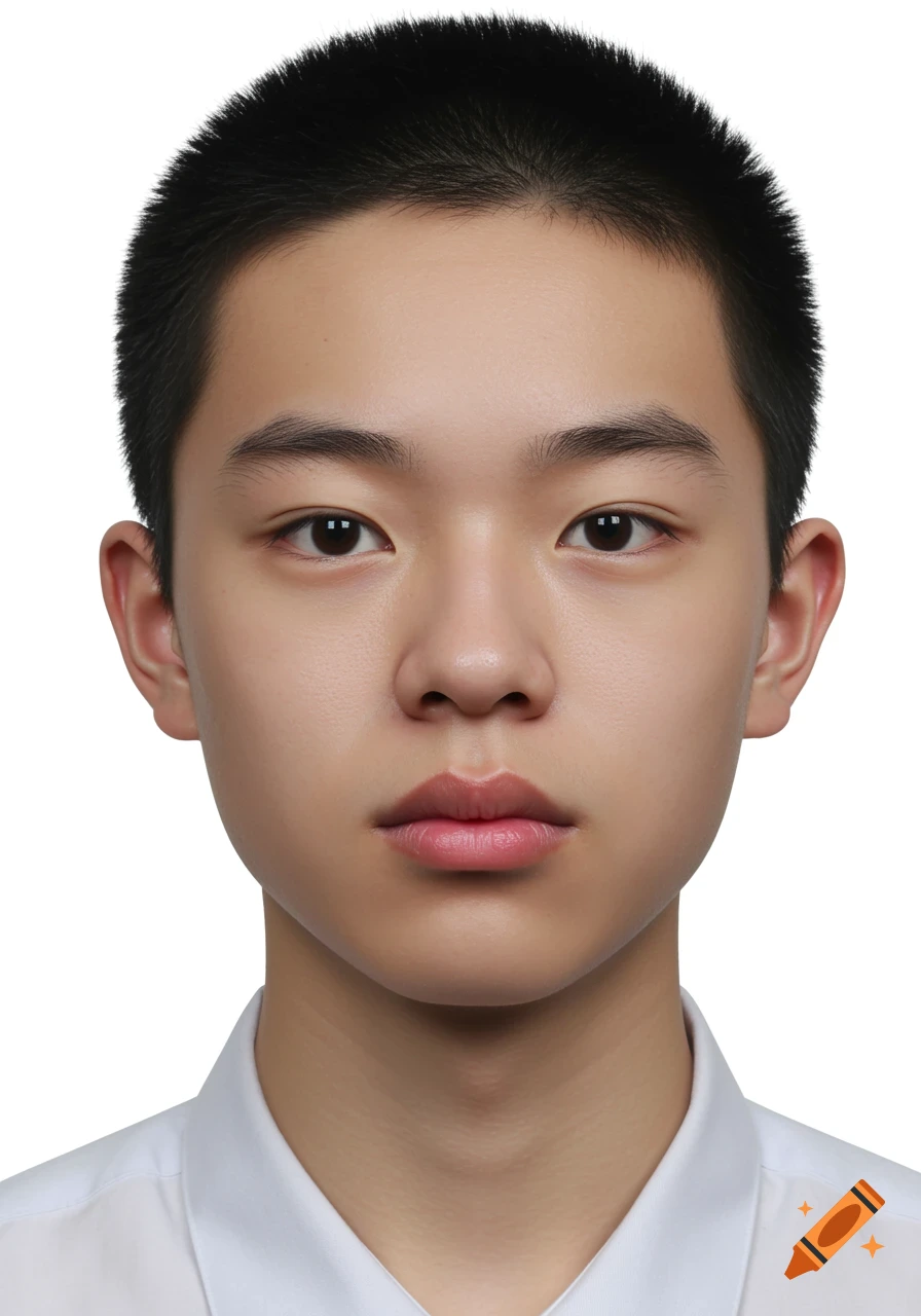 Realistic portrait of a Chinese high school boy with short hair, facing forward, on a plain white background.
