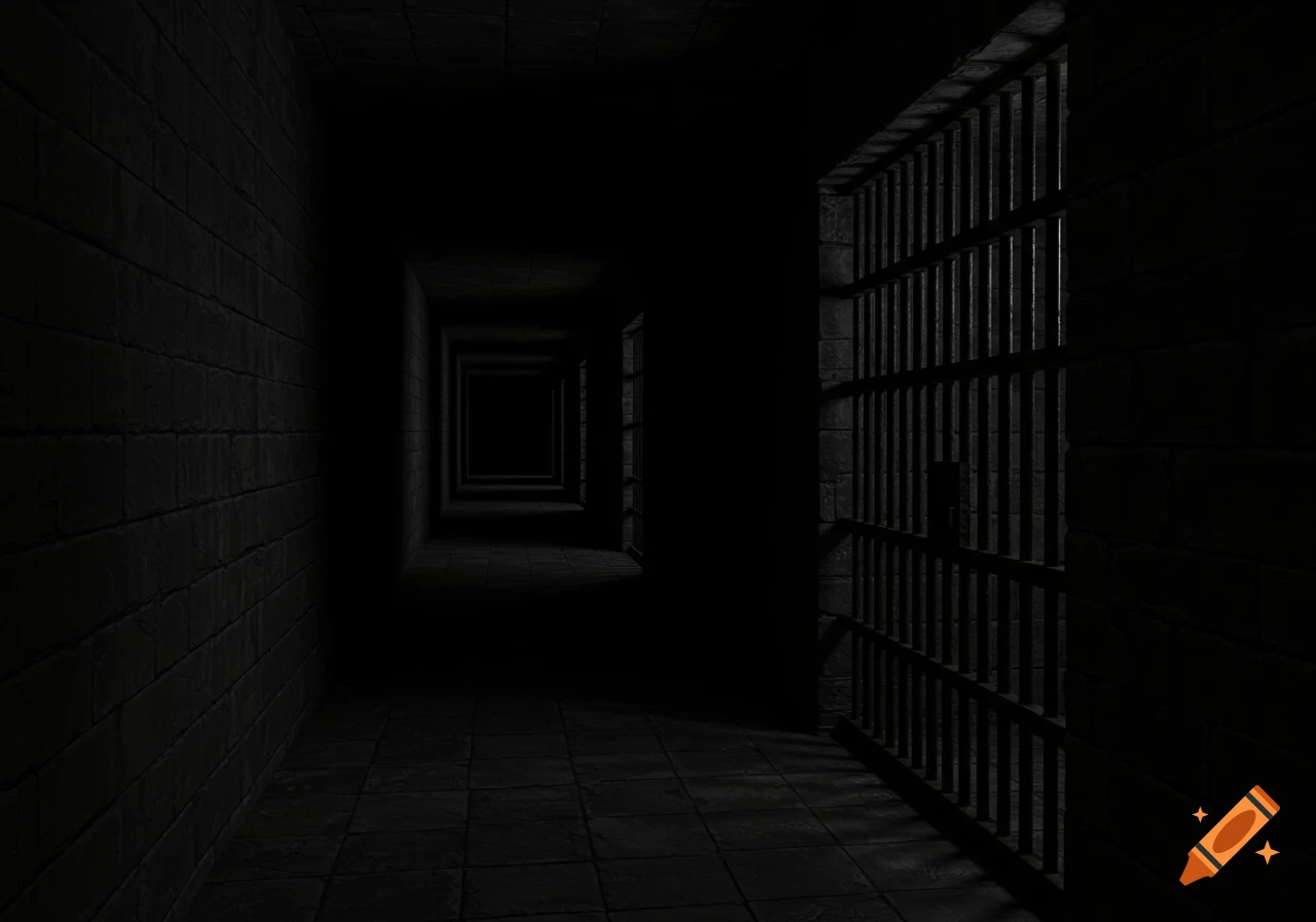 A dimly lit, narrow prison hallway with stone walls and floor, extending into darkness, with an open cell door on the right.