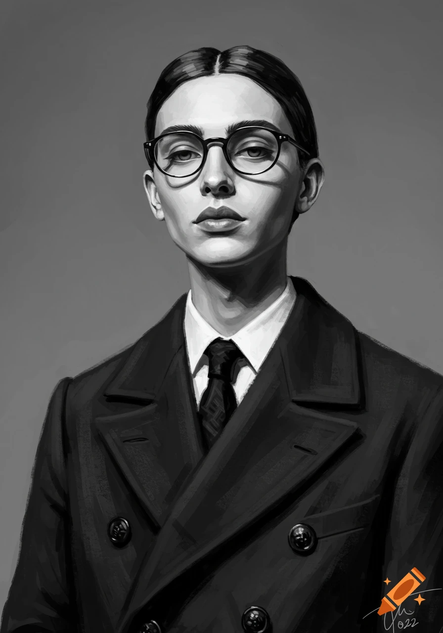Black and white digital painting of a person with neatly combed hair and glasses wearing a classic suit and tie, looking forward.