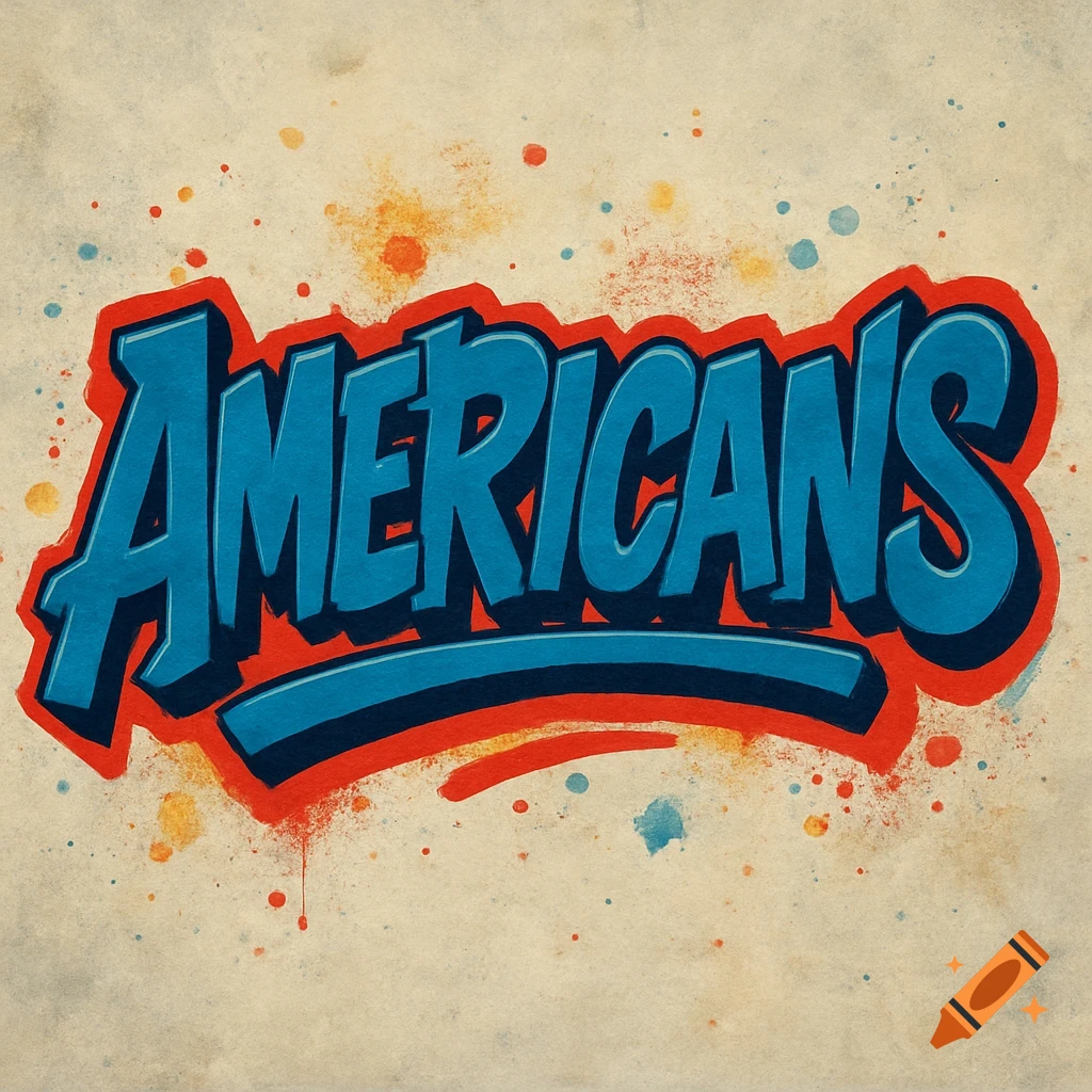 The word 'AMERICANS' rendered in a bold, blue and red graffiti-style font with a distressed watercolor background.