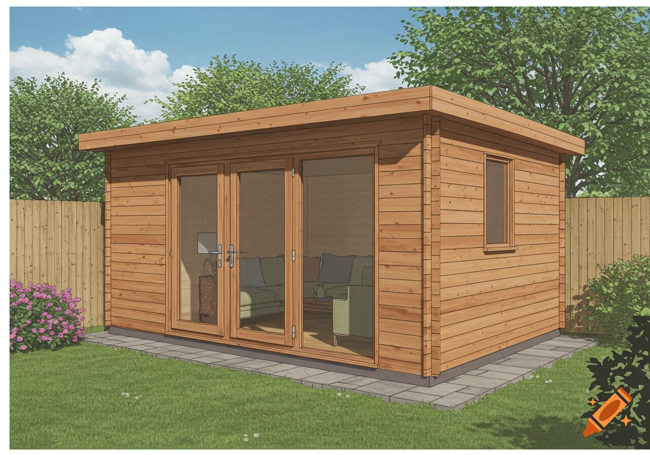 A wooden garden room with a flat roof and glass french doors sits on a paved patio in a green garden with a wooden fence.
