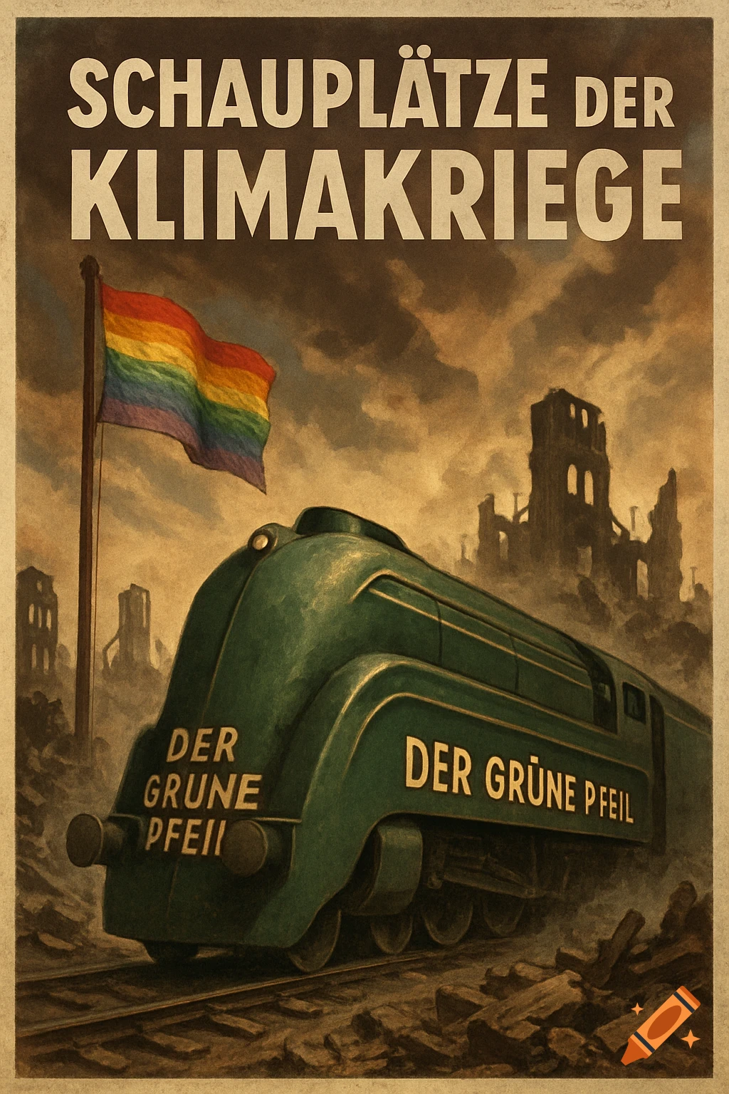 Vintage propaganda poster of a green train in a ruined city under stormy skies, with a rainbow flag. Text: 'SCHAUPLÄTZE DER KLIMAKRIEGE'.