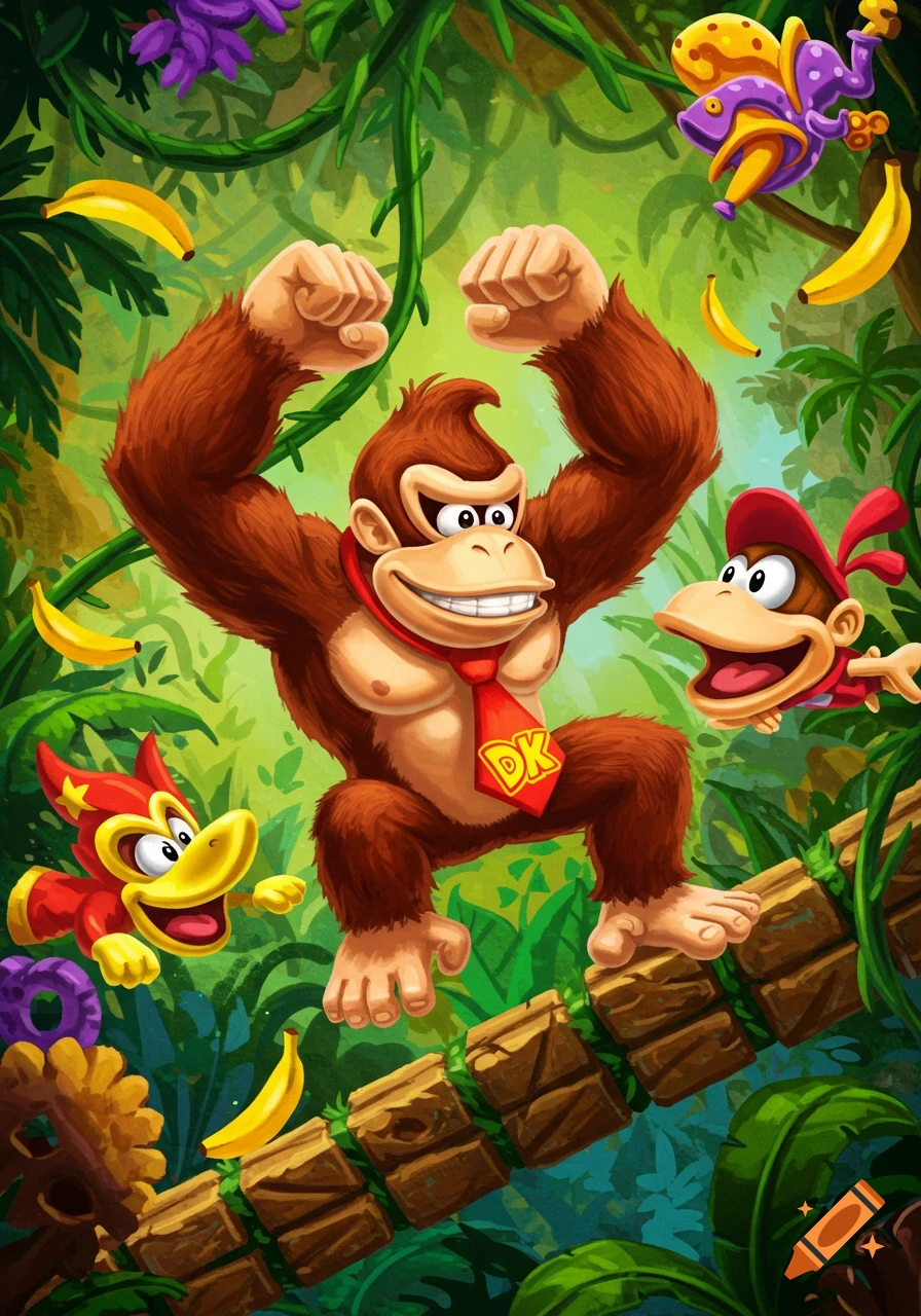 A cartoon-style illustration of Donkey Kong, Diddy Kong, and other characters in a vibrant jungle with bananas. Donkey Kong is flexing, wearing his iconic "DK" tie.