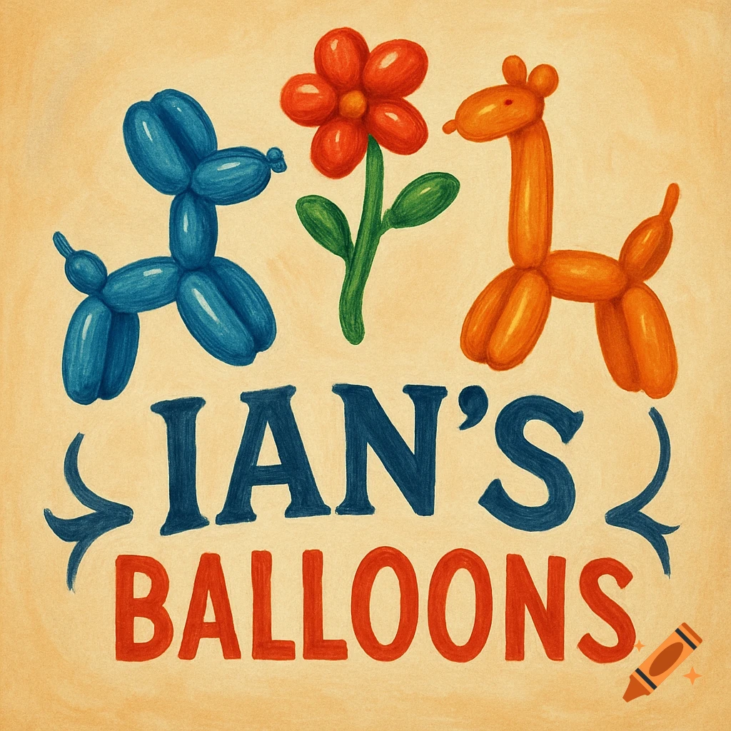 An illustrated logo for 'Ian's Balloons' featuring a blue balloon dog, a red balloon flower, and an orange balloon giraffe.