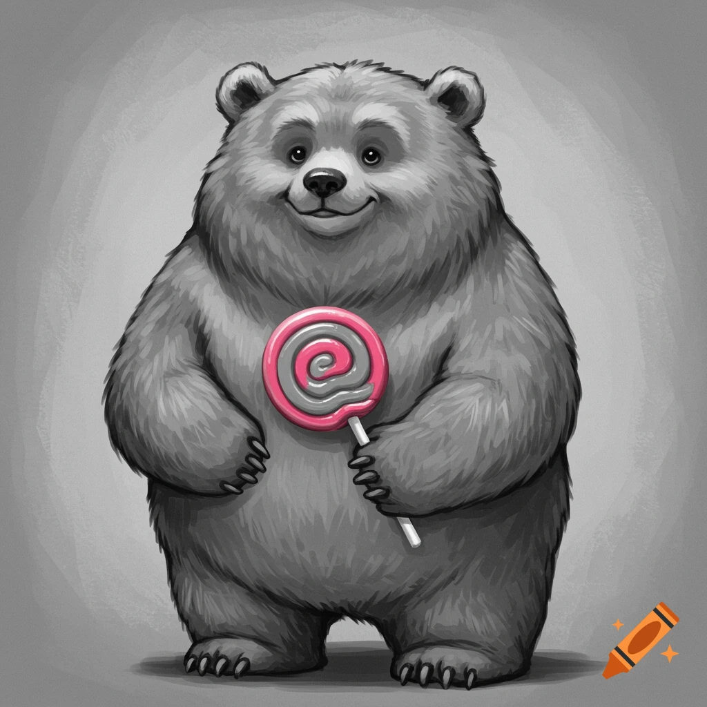 A chubby, smiling black and white cartoon bear holds a pink and gray lollipop with an at symbol.