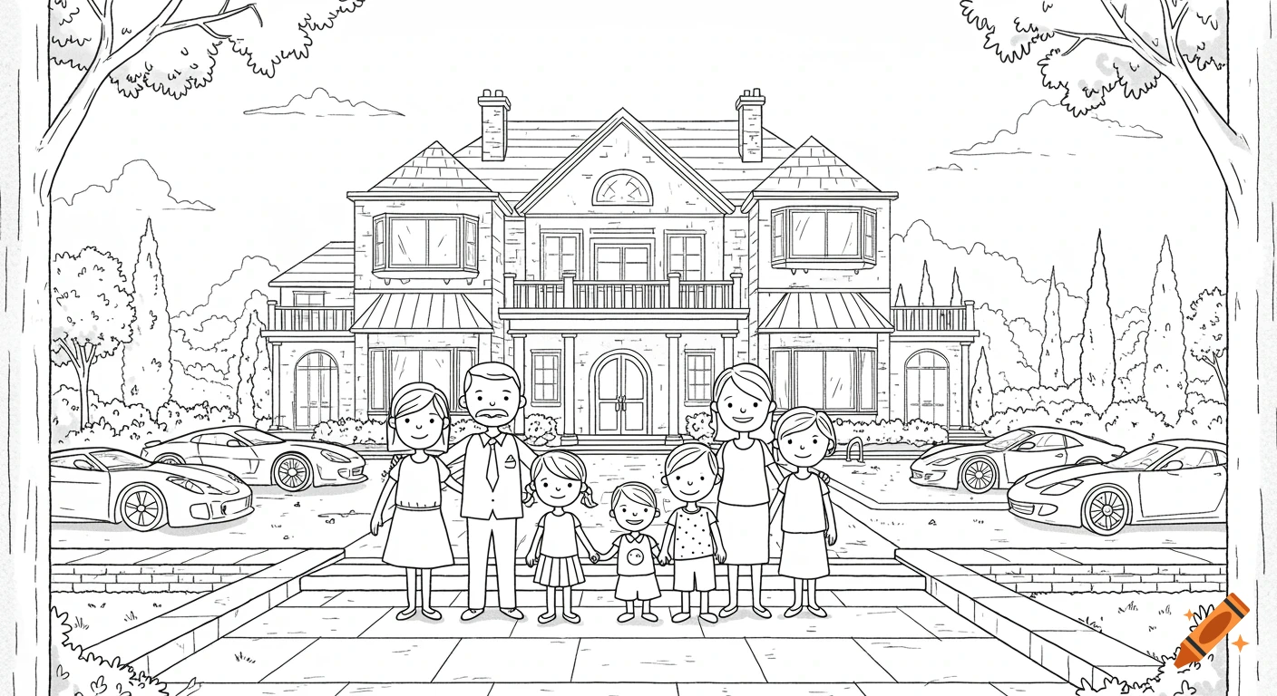 Black and white line art drawing of a family standing proudly in front of a large mansion with sports cars in the driveway.