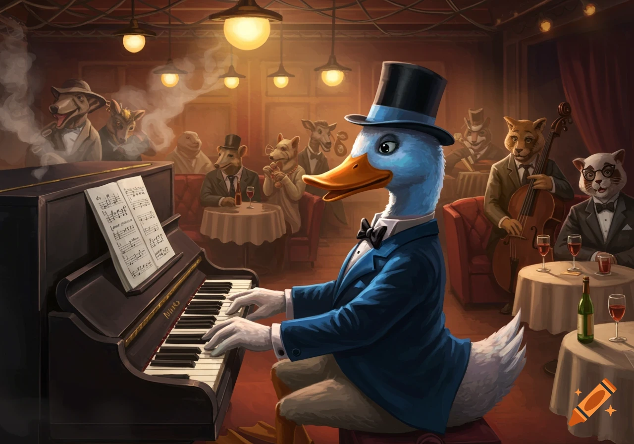 A blue-headed duck in a top hat plays piano in a jazz club, with other anthropomorphic animals seated at tables.