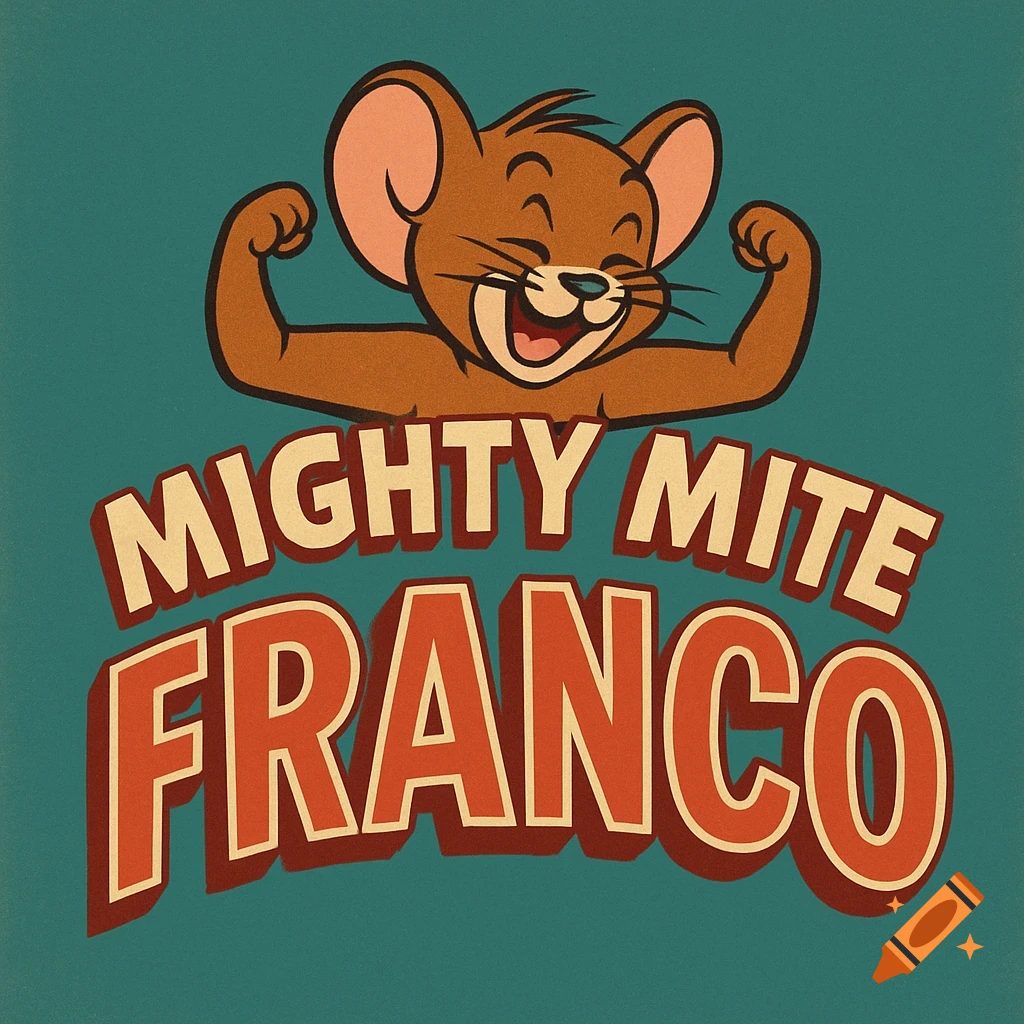 Cartoon Jerry mouse flexing above 'Mighty Mite Franco' text in a retro 50s logo style.