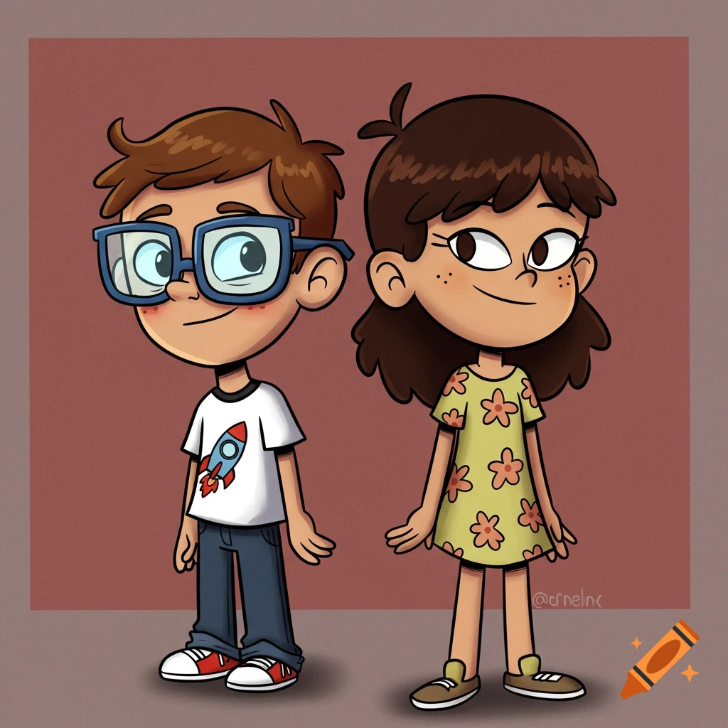 A cartoon illustration of two children, a boy with blue glasses and a rocket t-shirt, and a girl with a flower dress.