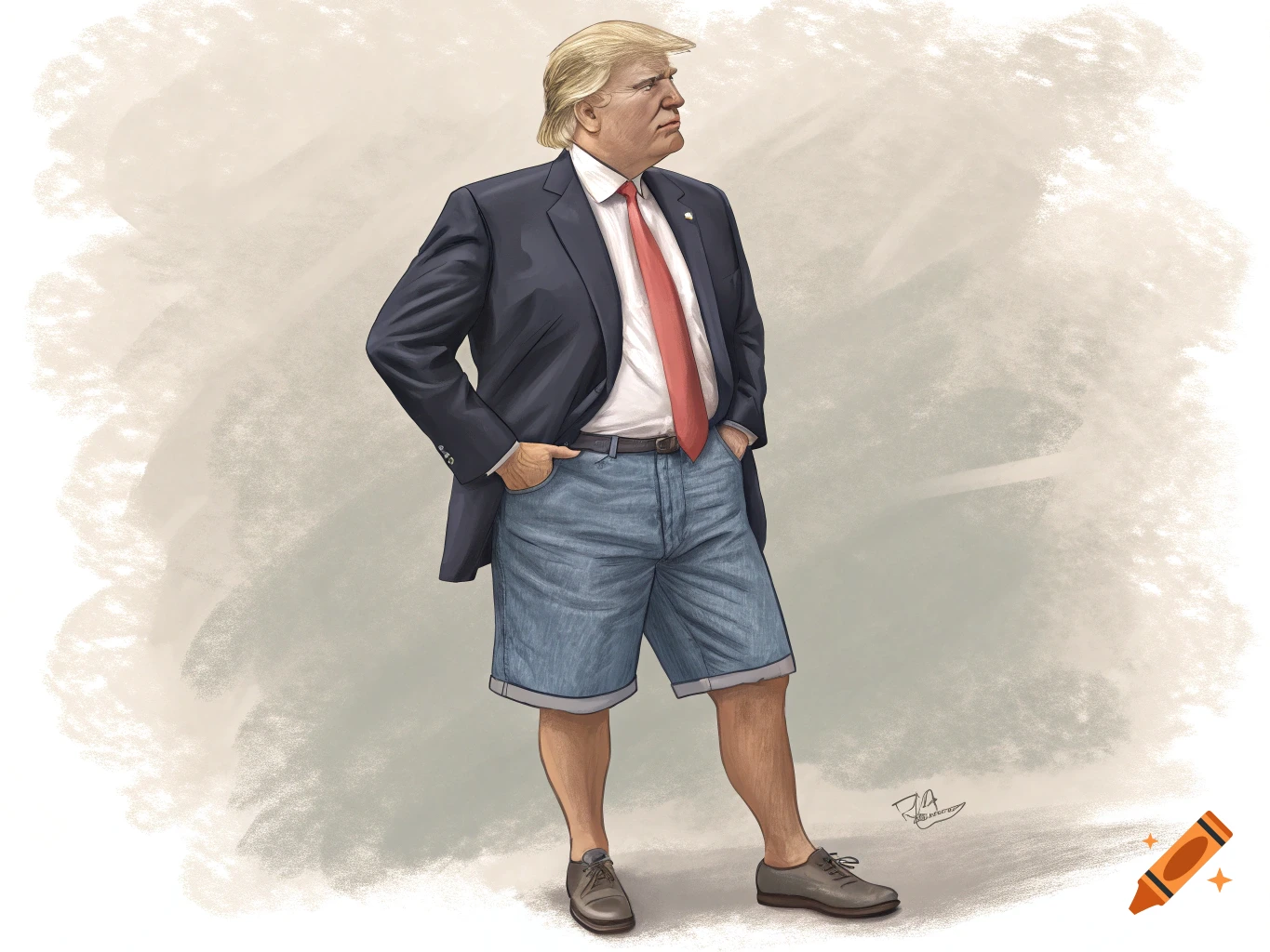 Illustrated caricature of Donald Trump wearing a suit jacket, tie, and denim shorts, standing with hands in pockets.