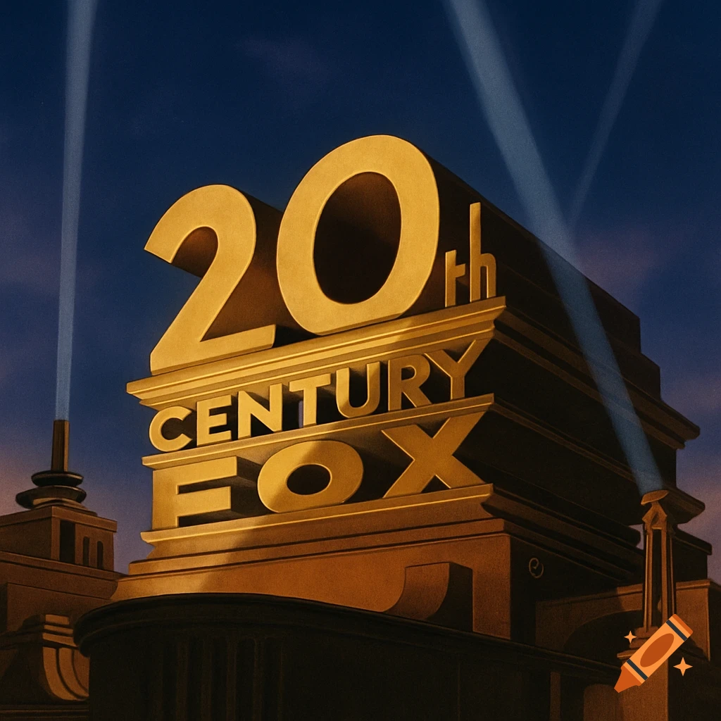 The iconic golden 20th Century Fox logo with spotlights shining upwards into a dark blue sky.