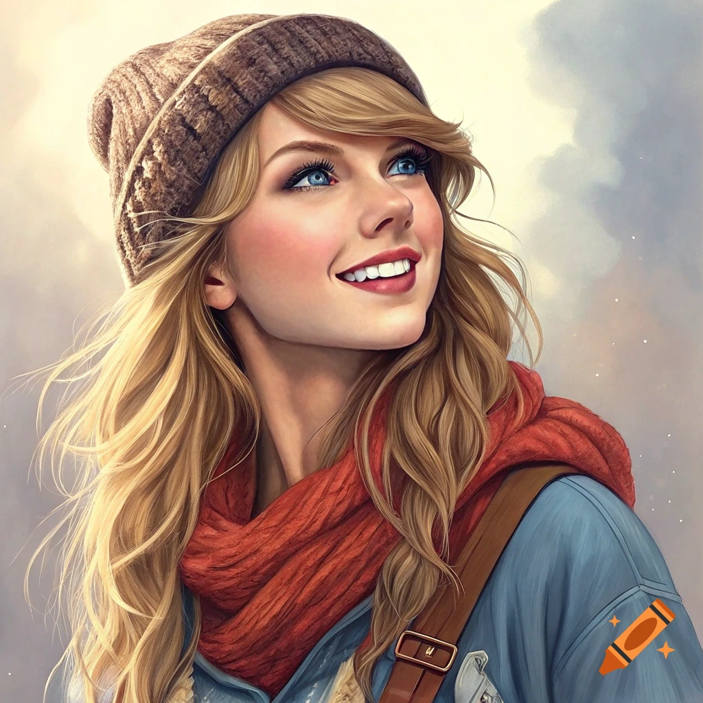 Digital painting of a smiling blonde woman resembling Taylor Swift wearing a brown knit hat and red scarf, looking up.