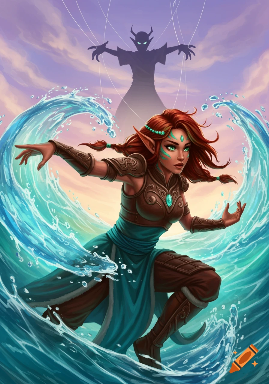 A red-haired female bender in brown and teal armor manipulates water, with a silhouetted puppet master above.