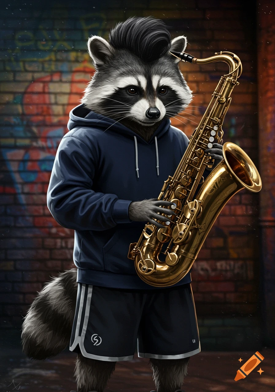 A cool anthropomorphic raccoon with a Mohawk in a blue hoodie and black shorts plays a gold saxophone against a graffiti wall.