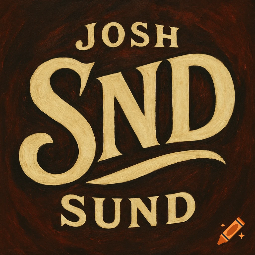 Vintage-style logo with 'JOSH SND SUND' in gold letters on a dark red textured background.