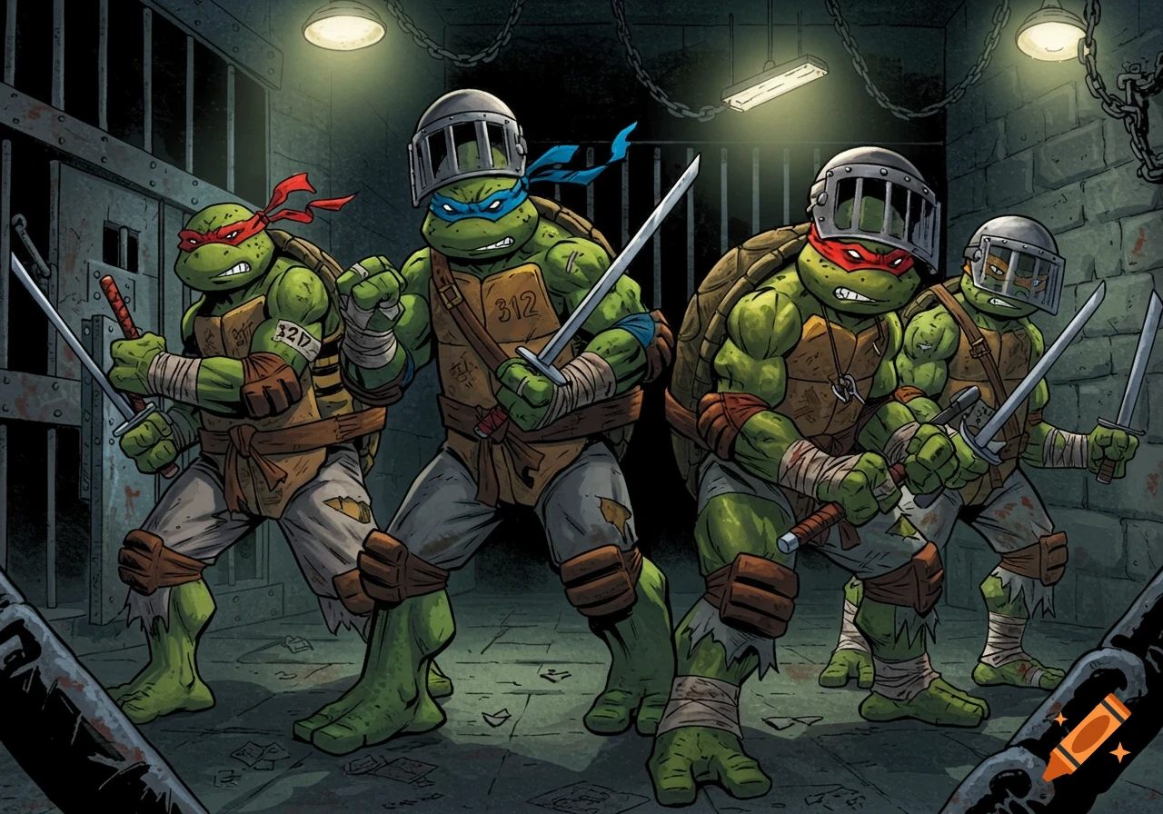 The Teenage Mutant Ninja Turtles, wearing jail riot gear and helmets, stand with swords in a dark prison hallway in a comic book art style.
