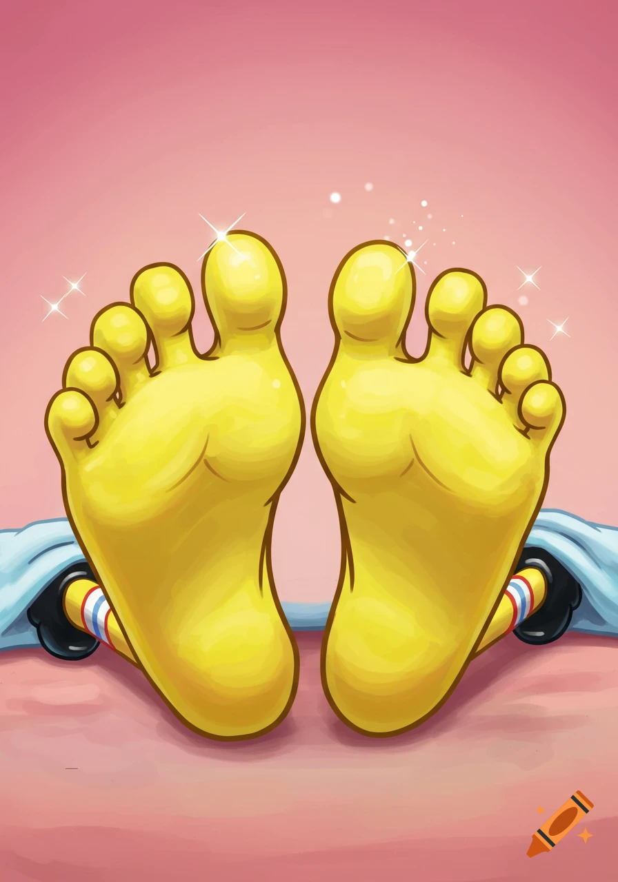 Two bright yellow cartoon feet with sparkling highlights on a pink background, peeking from under a blue blanket.