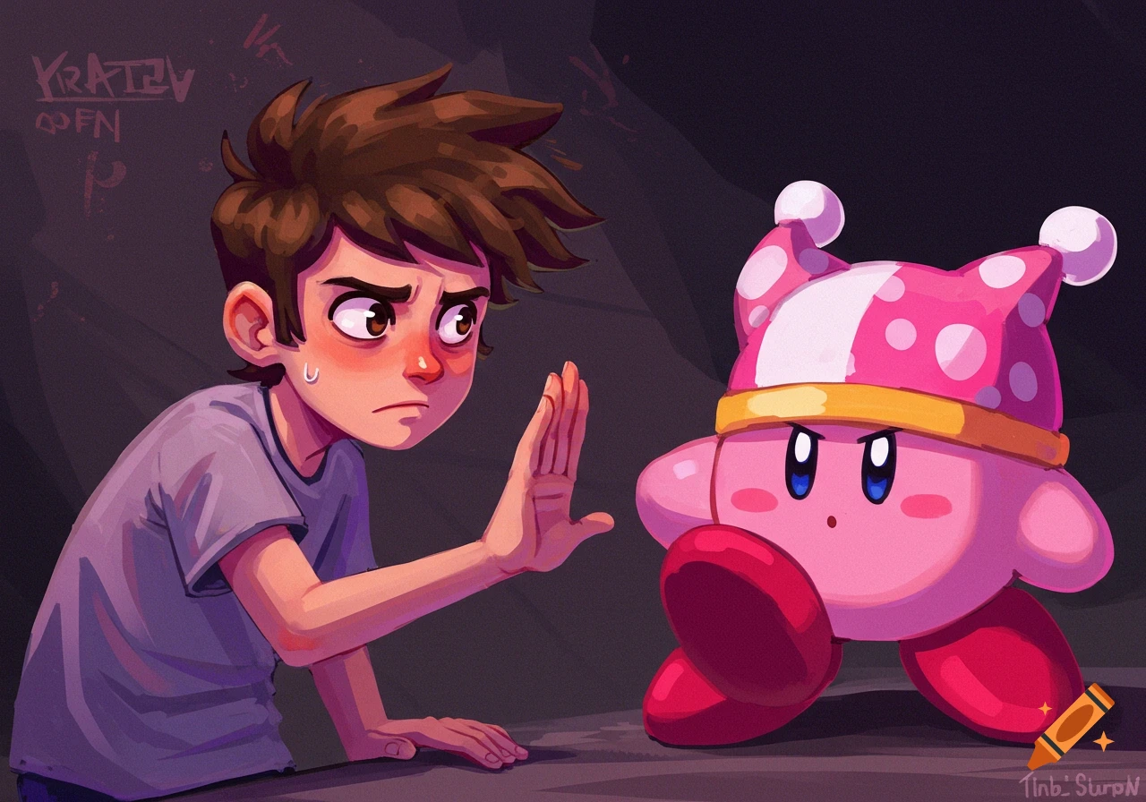 A cartoon boy with brown hair, looking worried and sweating, holds up his hand to stop a pink Kirby-like character wearing a pink and white polka-dotted hat. The background is dark.
