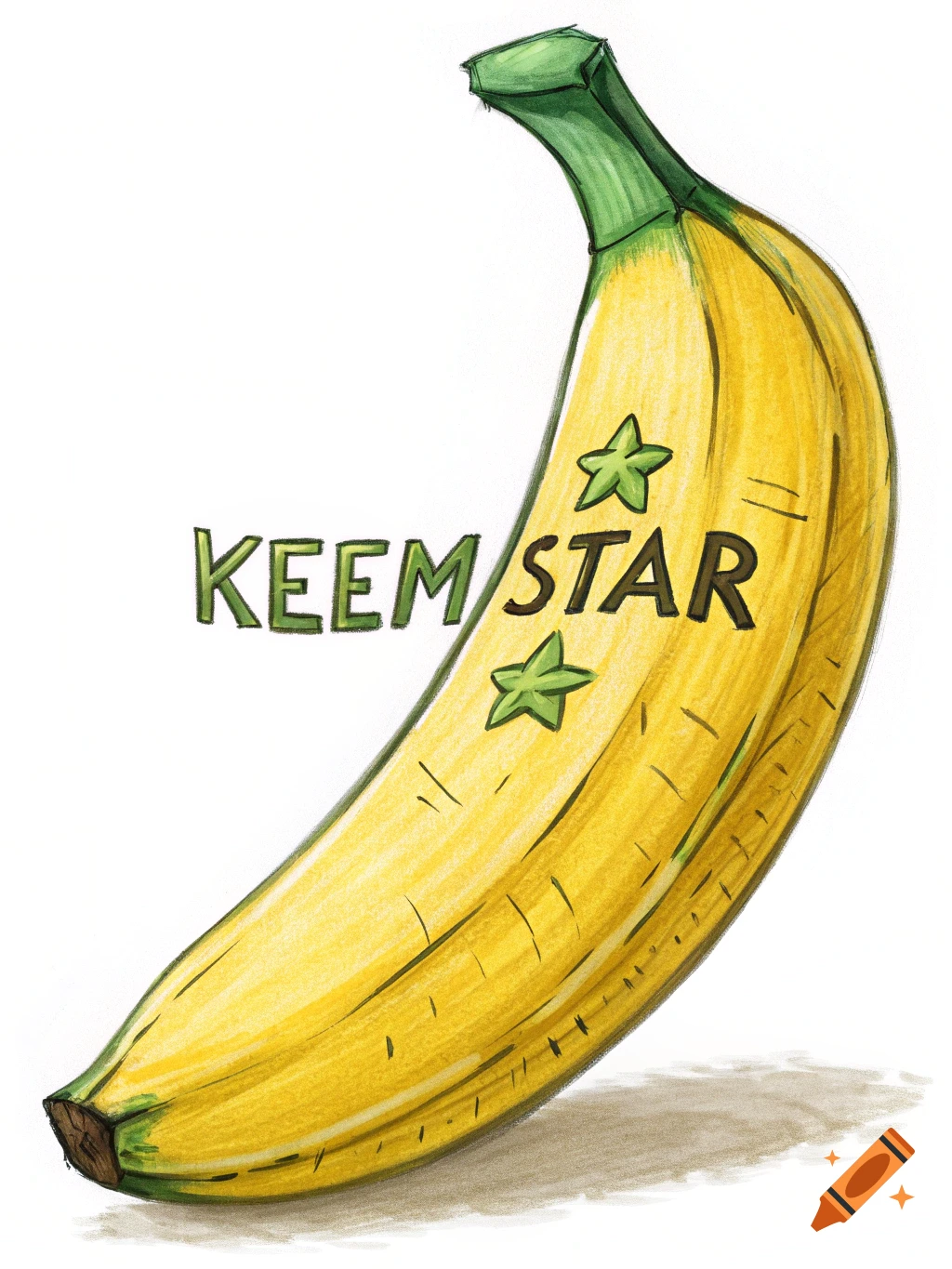 A stylized drawing of a yellow banana with "KEEM/STAR" and two green stars on its peel.