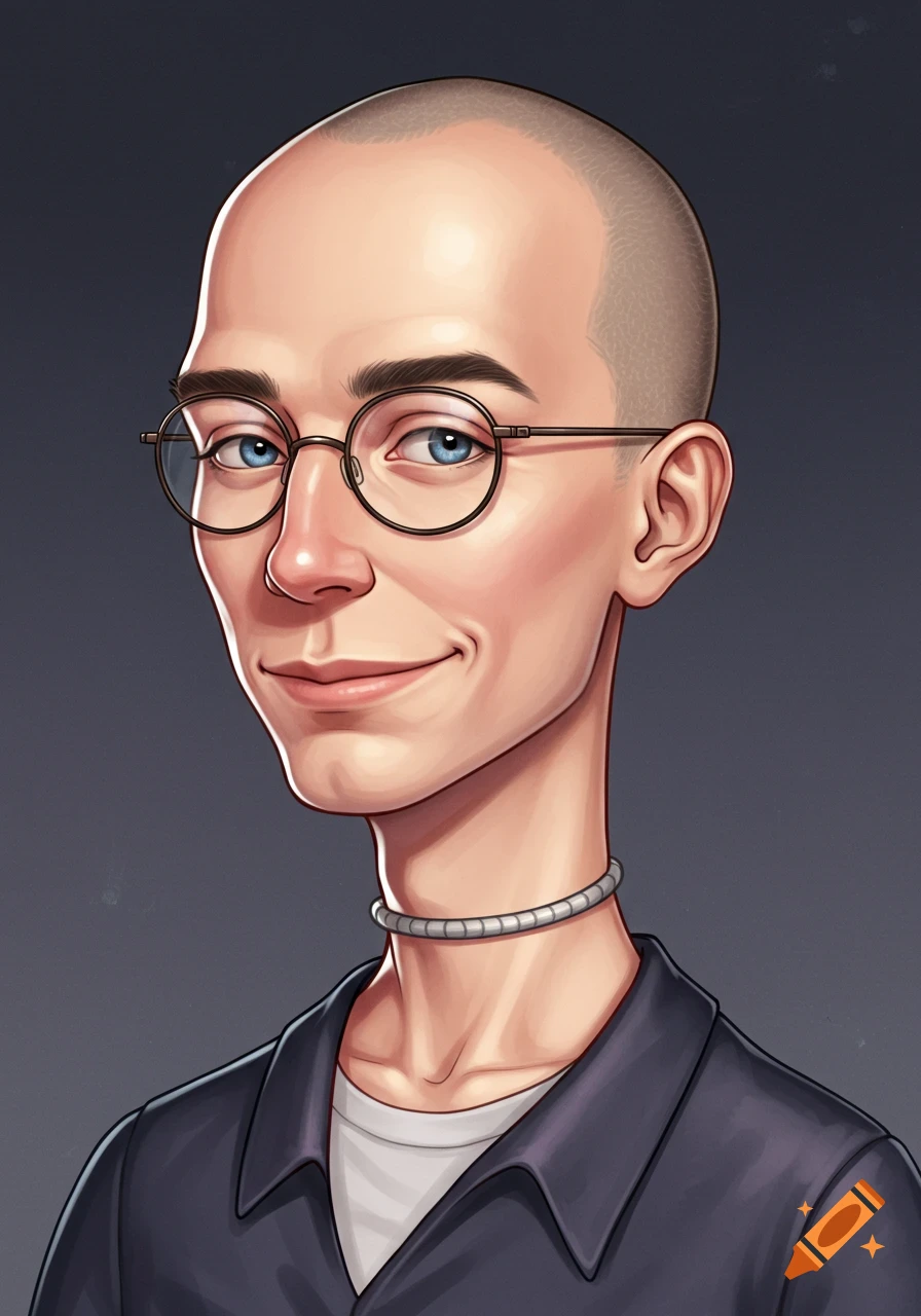 Stylized cartoon portrait of a bald person with glasses, blue eyes, and a choker, smiling.