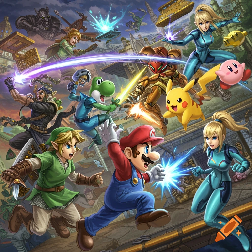 Mario, Link, Samus, Pikachu, and other Nintendo characters engage in a dynamic, action-packed Super Smash Bros battle scene.
