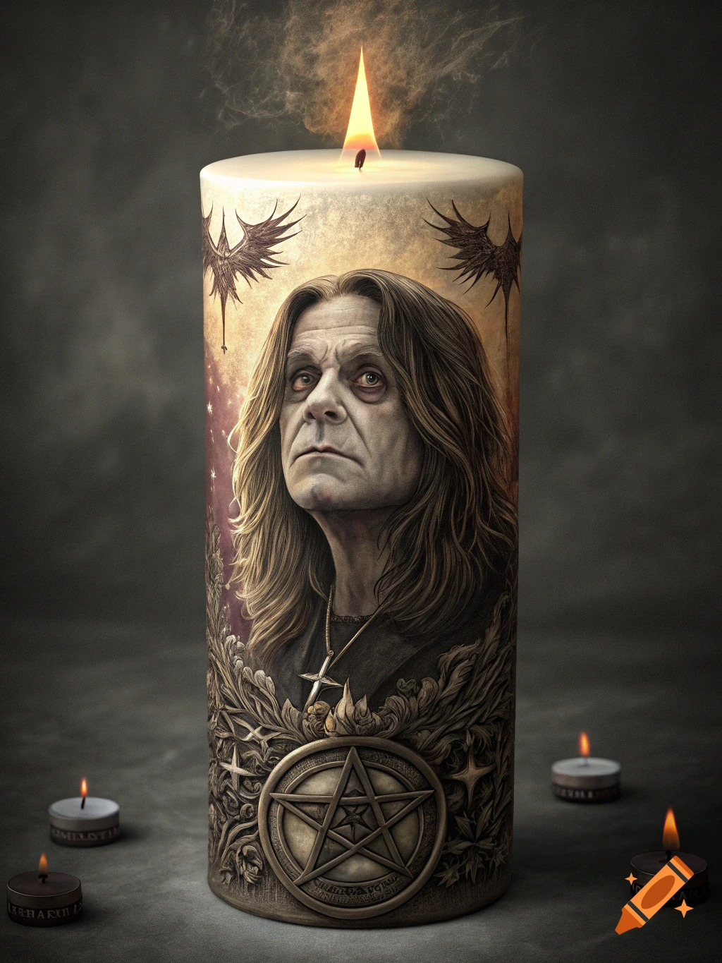 A tall prayer candle featuring a realistic portrait of Ozzy Osbourne, adorned with a pentagram and gothic motifs, surrounded by smaller lit candles.