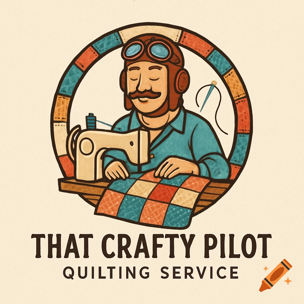 A cartoon logo featuring a man with a mustache wearing a pilot's helmet and goggles, sewing a colorful quilt on a sewing machine, with text "THAT CRAFTY PILOT QUILTING SERVICE".