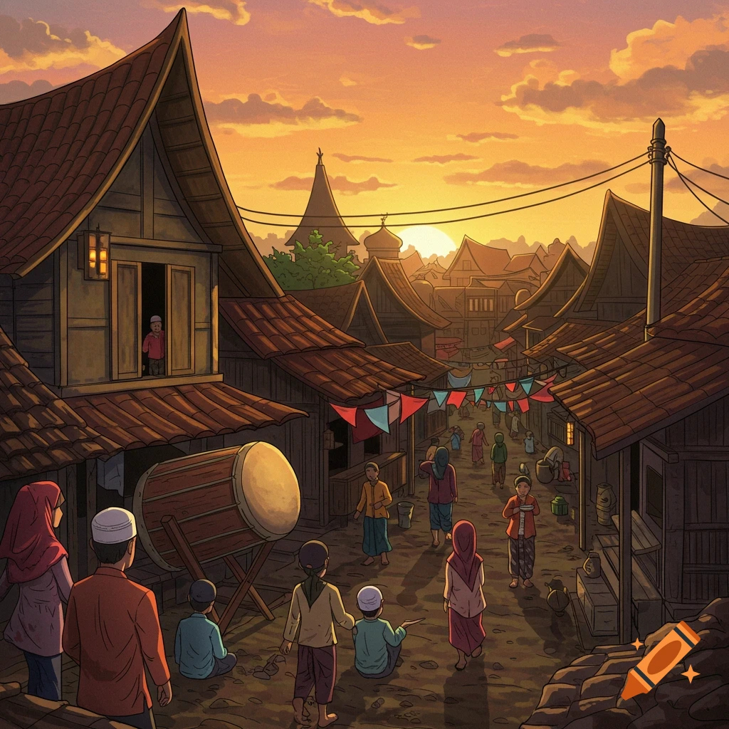 Illustration of a traditional village at sunset with people gathered, featuring traditional houses, a large drum, and colorful flags.