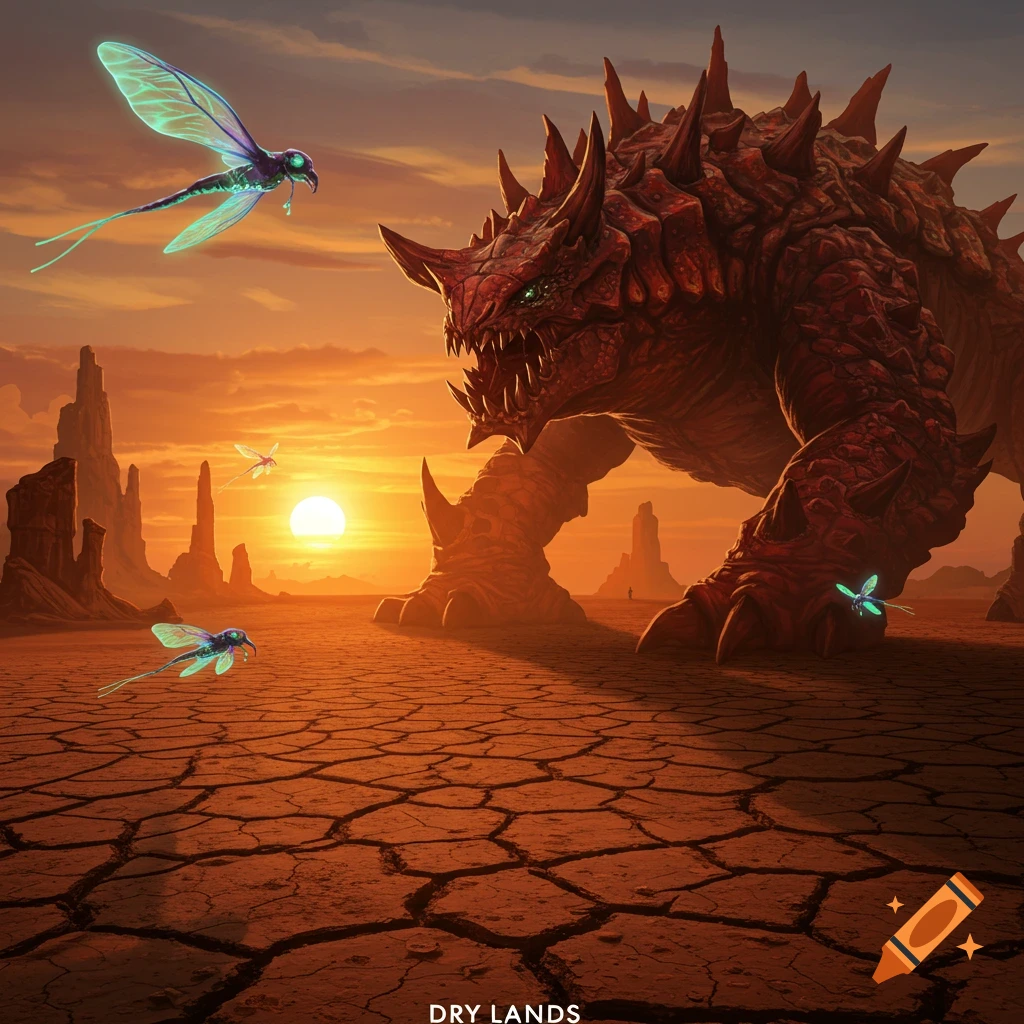A giant red spiky monster and glowing insectoid creatures in a cracked desert at sunset. Text: DRY LANDS.