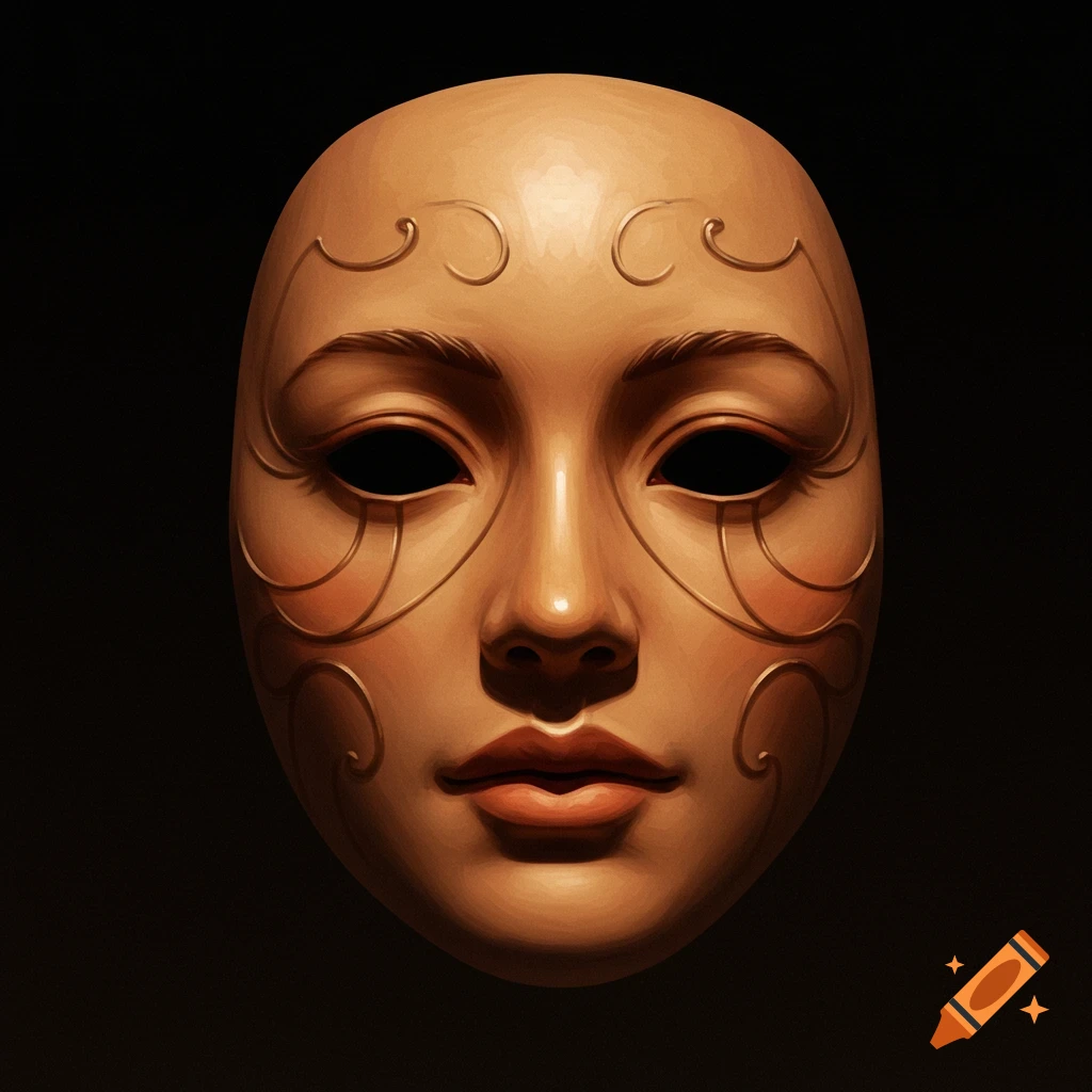 A realistic, detailed golden-brown mask with decorative swirls on a black background.