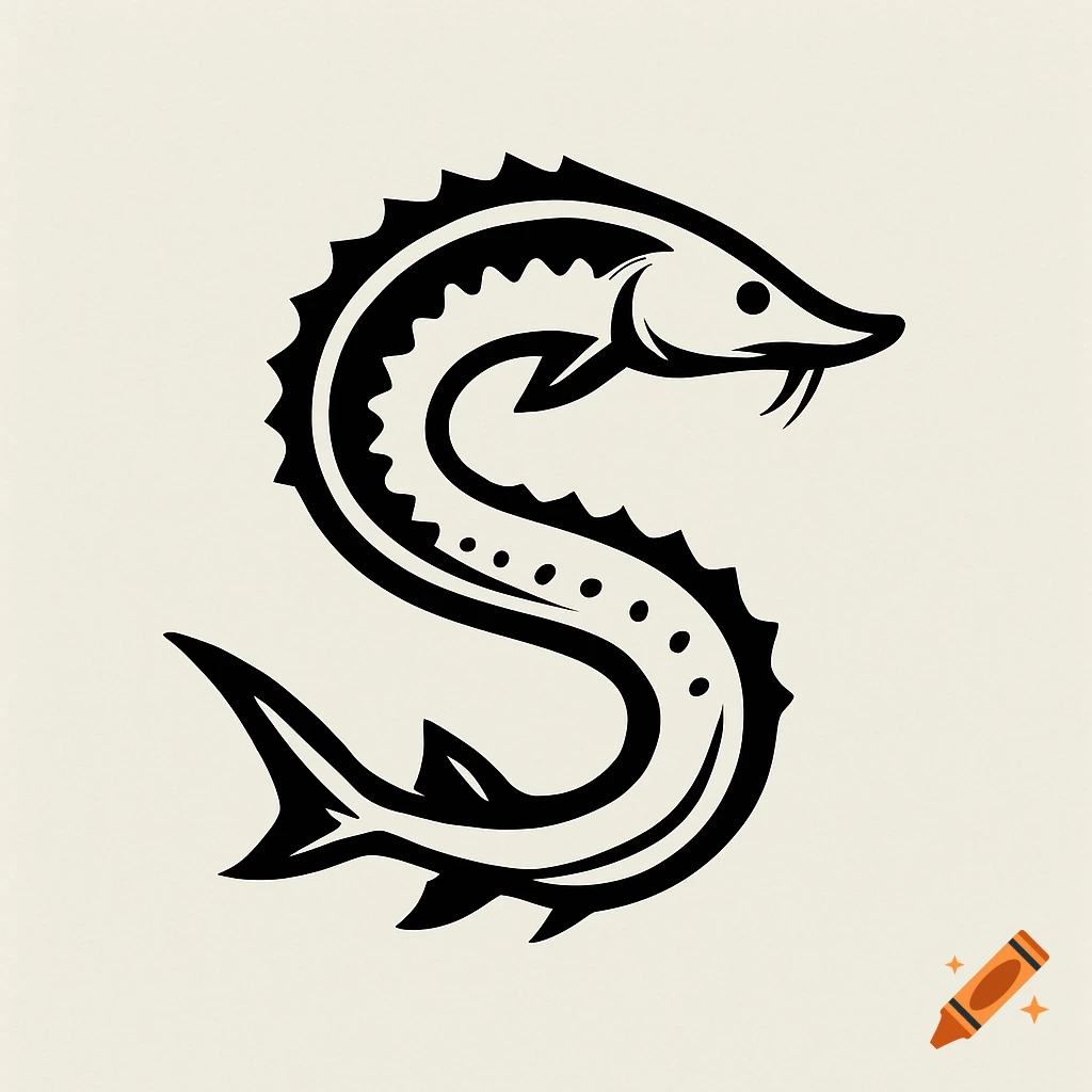 A stylized black and white S-shaped logo of a sturgeon fish.