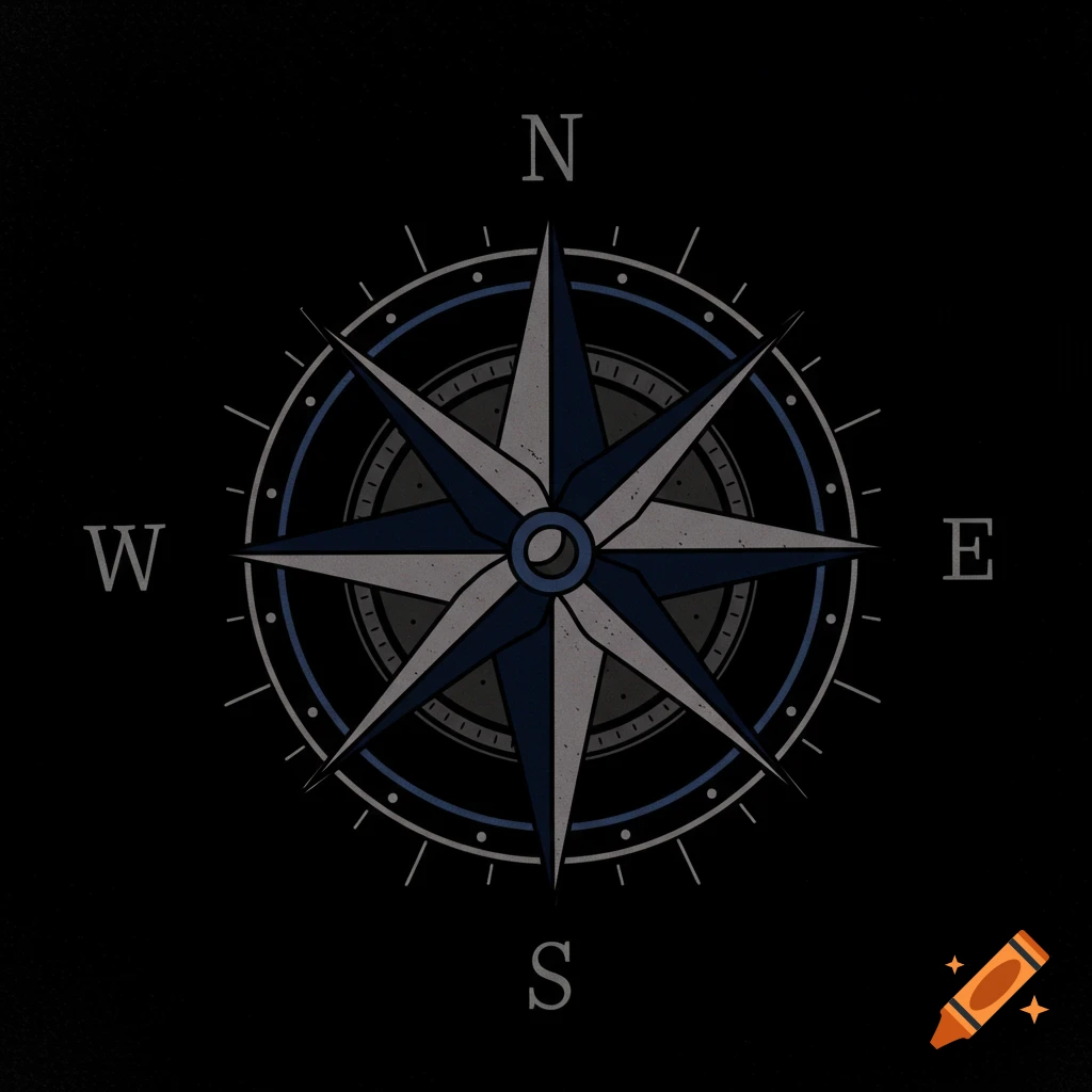A traditional tattoo style compass rose with distressed blue and grey elements on a dark background, showing N, S, E, W.