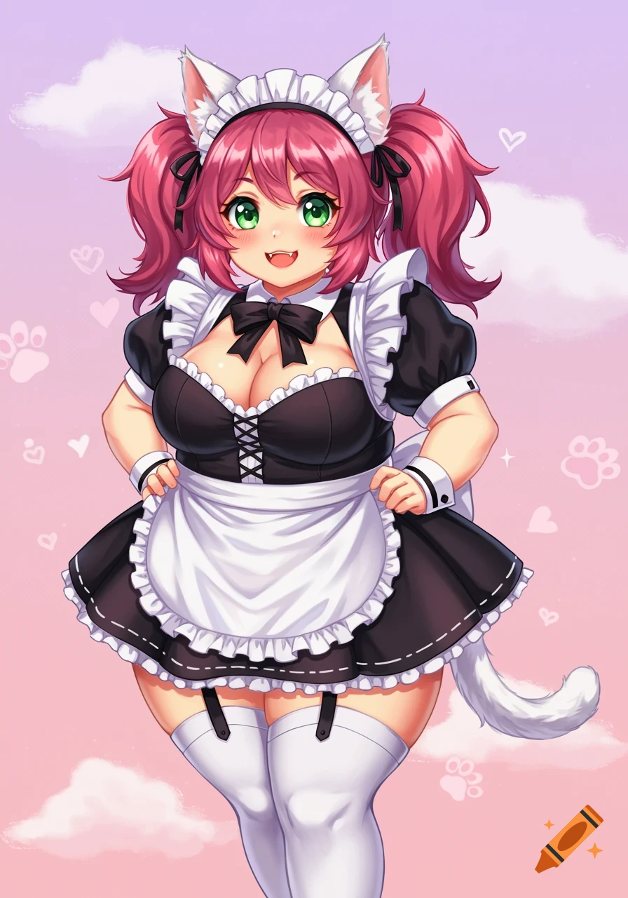 An anime cat girl with pink pigtails, green eyes, and fangs smiles while wearing a black and white maid outfit with thigh-high stockings, against a pink and purple background with hearts and paw prints.