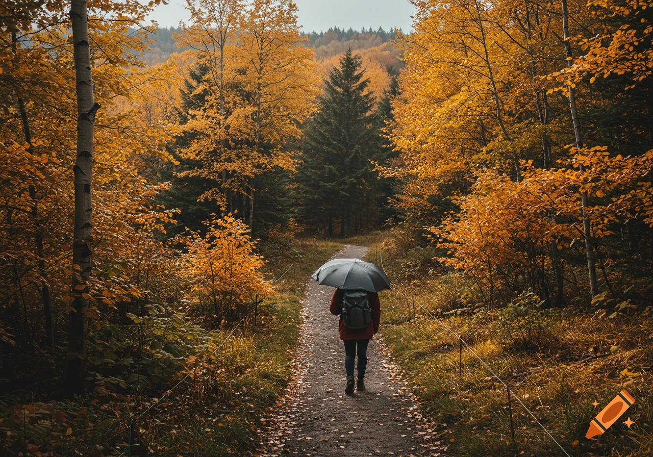 A person with a backpack walks with an umbrella down a path in a vibrant autumn forest.