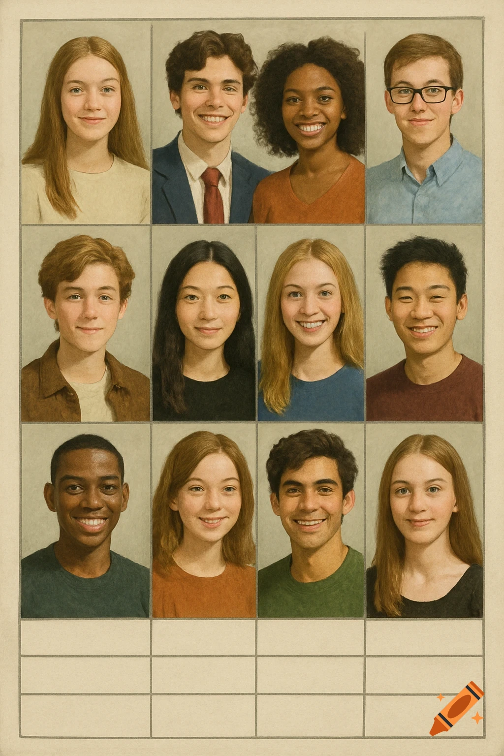 A grid of twelve smiling diverse young people, arranged like a high school yearbook page with blank spaces below.