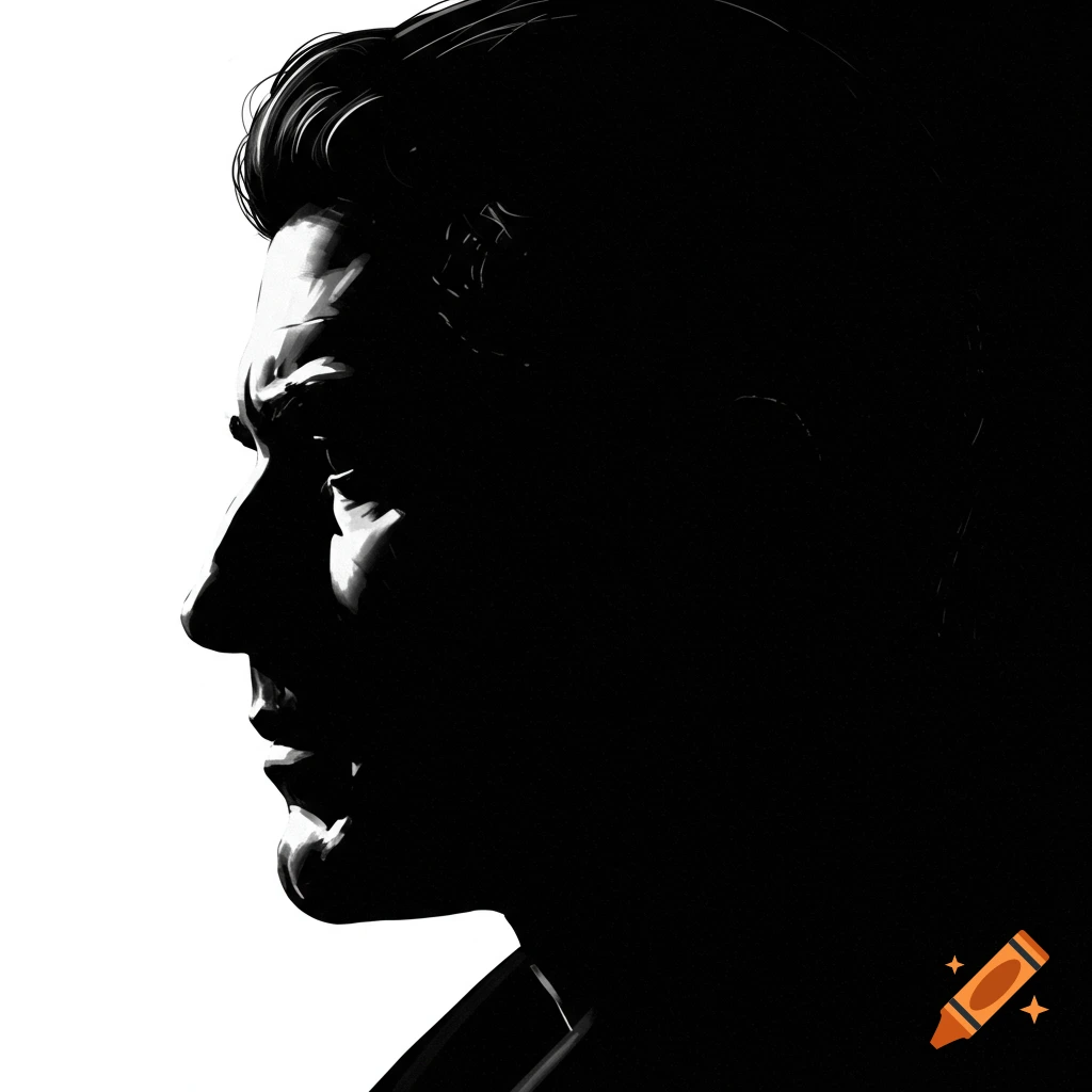Black and white profile of a man's face with dramatic lighting and deep shadows, classic noir style.
