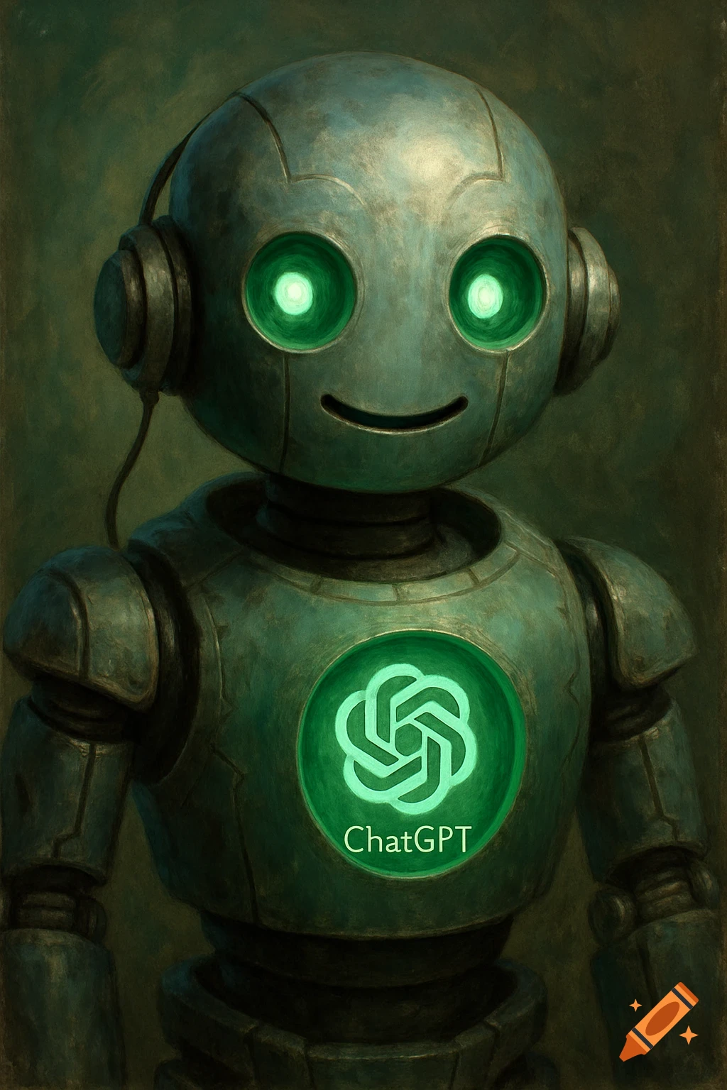A green and grey vintage-style robot with glowing green eyes, headphones, and the ChatGPT logo on its chest.