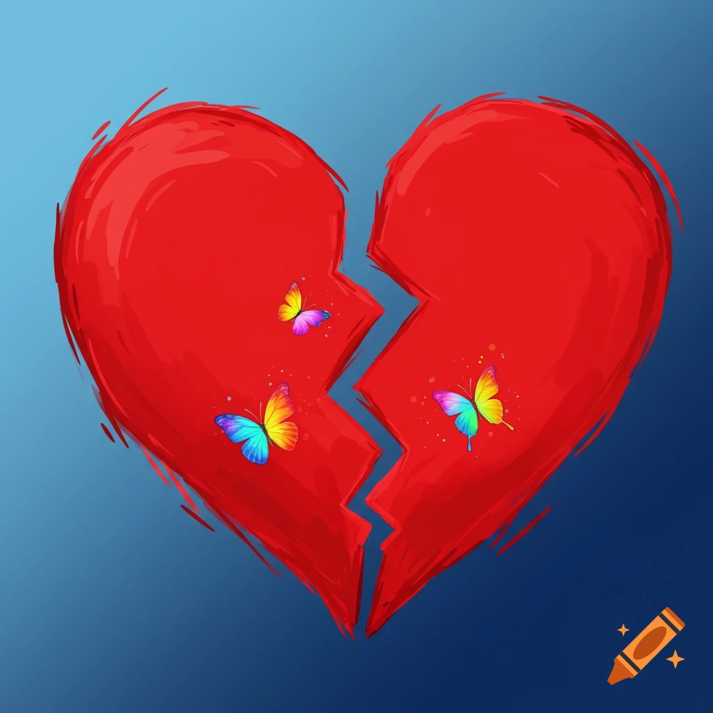 A brushstroke red heart, broken in the middle, adorned with three colorful butterflies on a blue background.