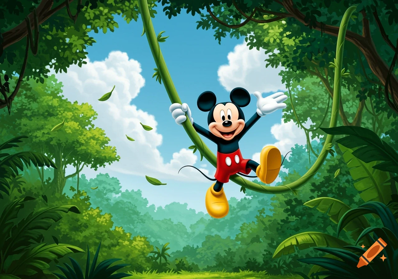 Mickey Mouse swings joyfully on a green vine in a lush cartoon jungle under a bright blue sky.