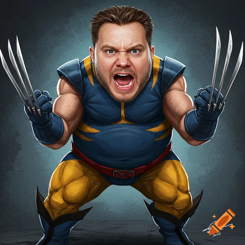 Caricature of an angry, bearded man dressed as Wolverine with claws extended, in a blue and yellow superhero suit.