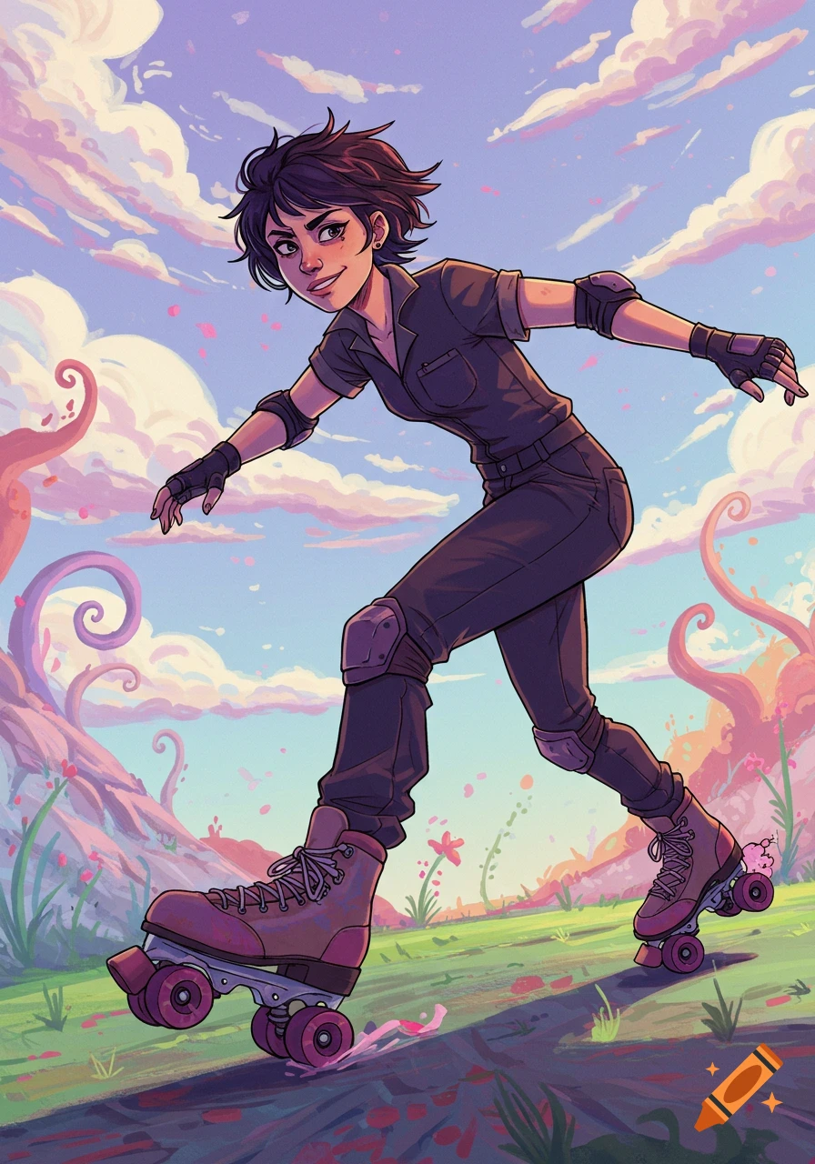 A short-haired woman in a dark jumpsuit roller skates through a vibrant, fantastical landscape with pink clouds. Illustrated style.