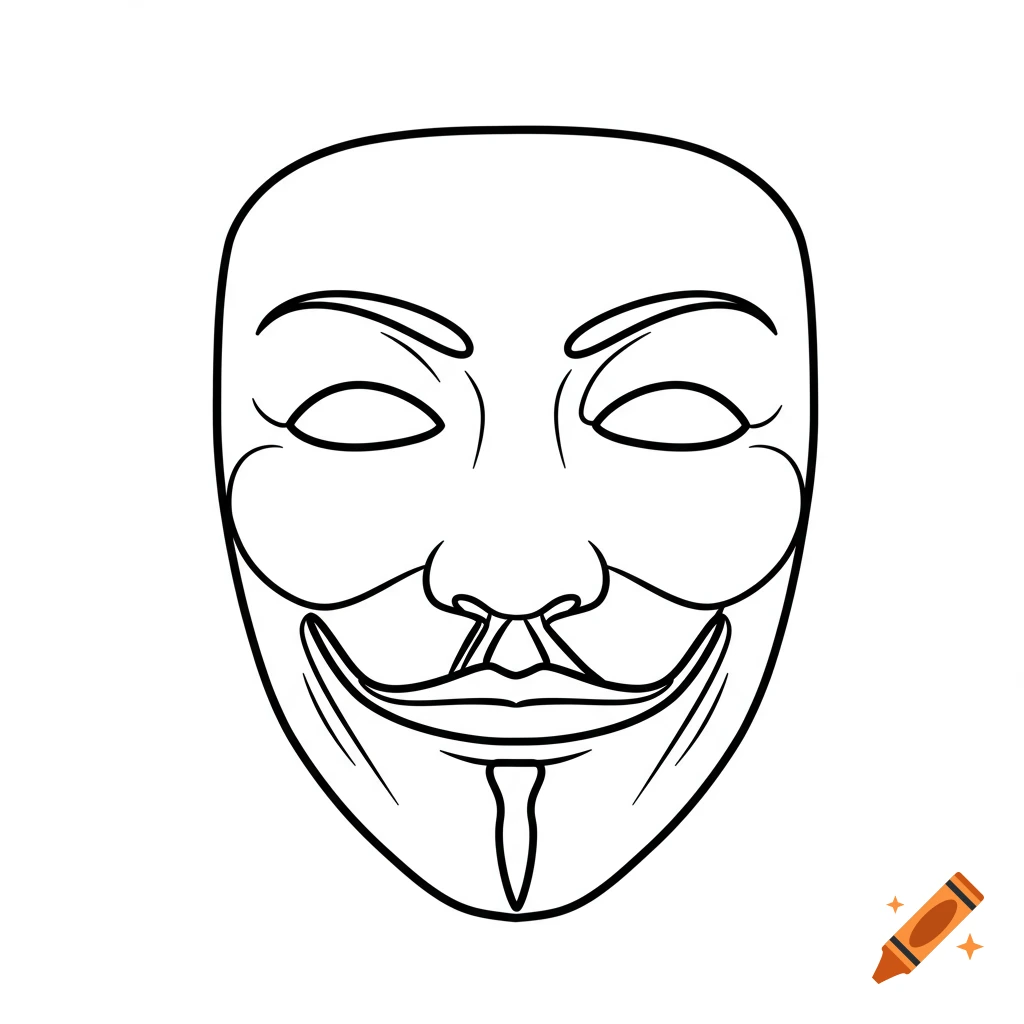 Outline illustration of a Guy Fawkes mask on a white background.