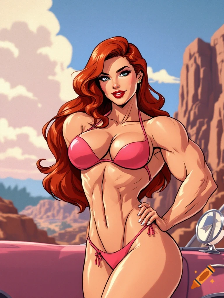 A muscular red-haired woman in a pink bikini smiles flirtatiously next to a pink convertible with a desert background, in a comic art style.