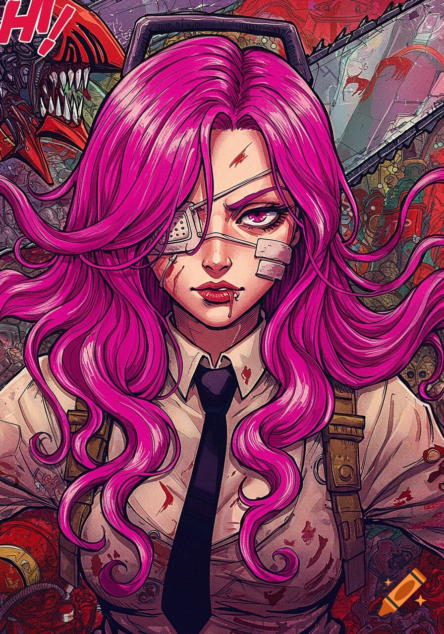 A comic art close-up of a woman with long pink hair, a medical eyepatch, and bandages on her face, dressed in a blood-splattered shirt and tie, with a chainsaw-like element in the background.