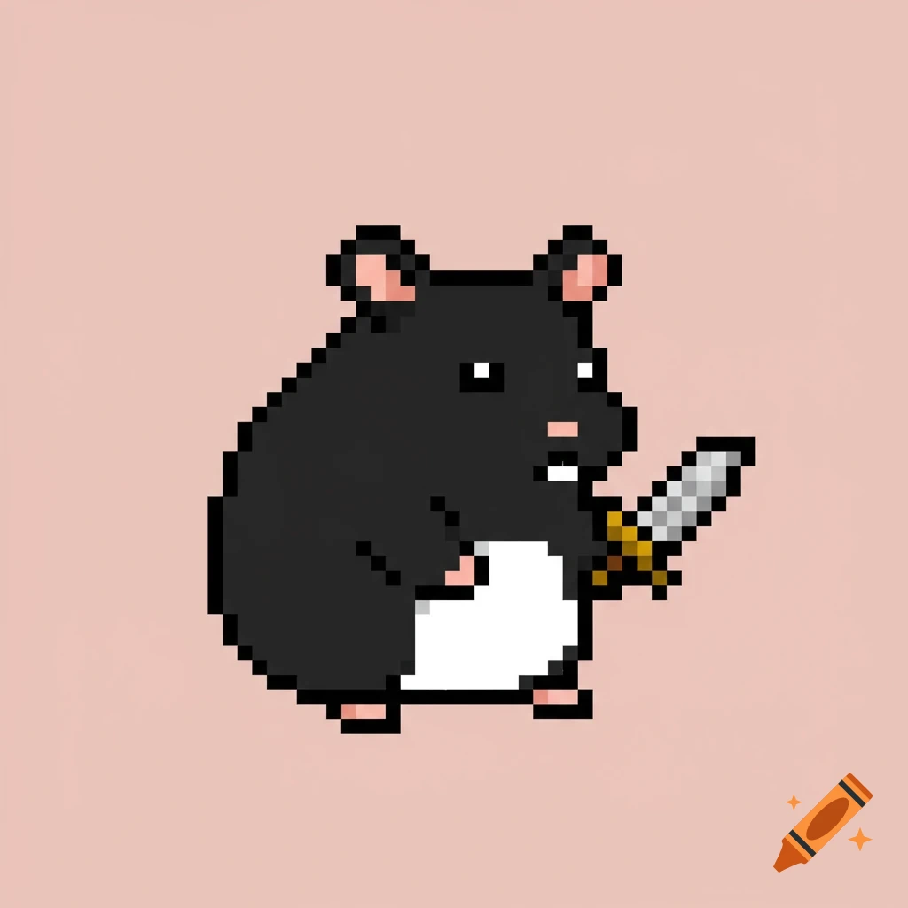 A pixelated black hamster with a white belly holds a sword against a light pink background.