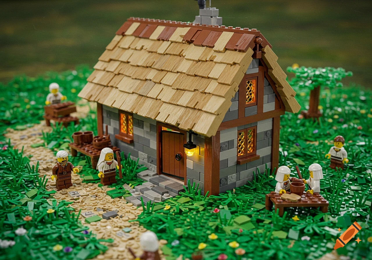 A detailed Lego diorama featuring a medieval peasant house with a thatched roof and several Lego minifigures in a grassy outdoor setting.
