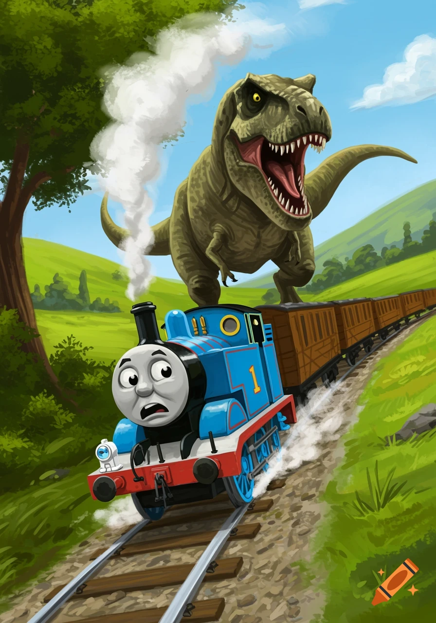 Cartoon of Thomas the Tank Engine, scared, being chased by a roaring T-Rex down a railway track in a green, hilly landscape.