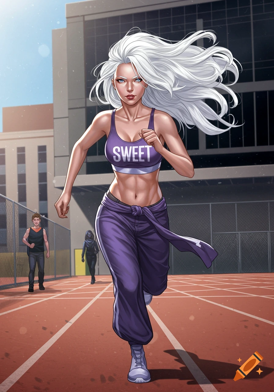 A comic art illustration of a woman with long white hair running on a track. She wears a purple sports bra with 'SWEET' and matching track pants.