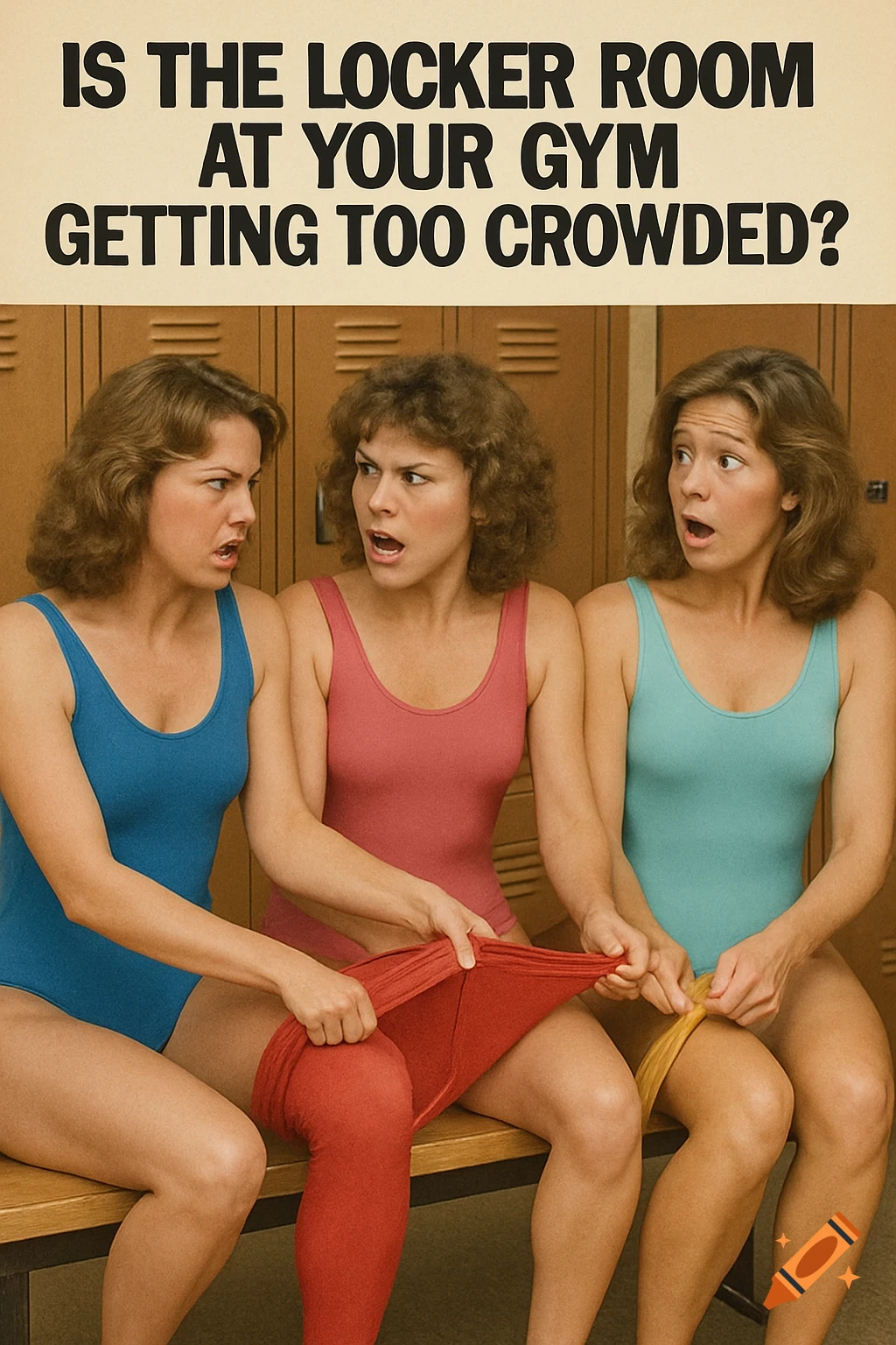 Three women in leotards struggle to put on tights in a locker room in a vintage ad, with the text 'IS THE LOCKER ROOM AT YOUR GYM GETTING TOO CROWDED?'